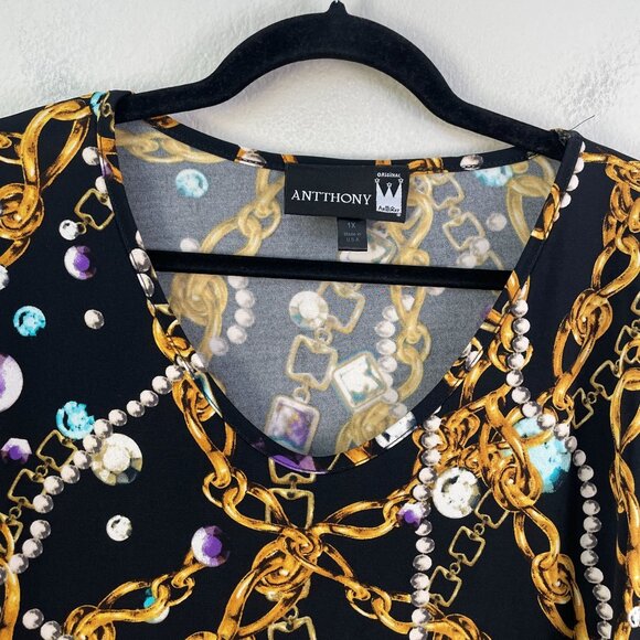Antthony Womens Plus 1X Chain & jewels Tunic Top V Neck Stretch Shirt 3/4 Sleeve - Picture 8 of 11
